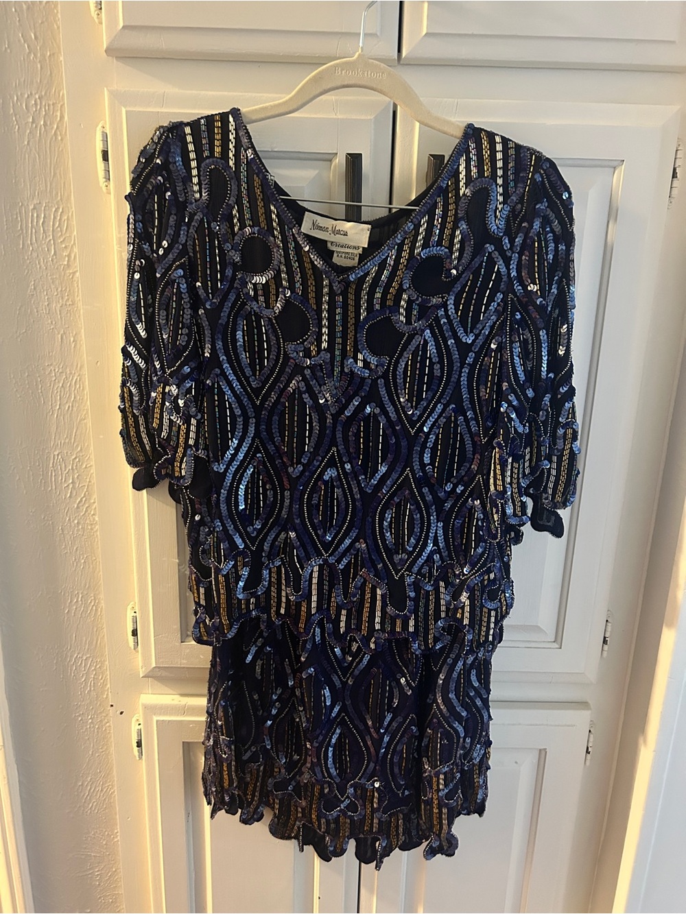 Vintage Neiman Marcus Silk Blue Beaded Sequin Top and Skirt Set Size S